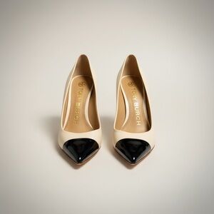 Tory Burch Cream Pumps with Black Patent Pointed Toe